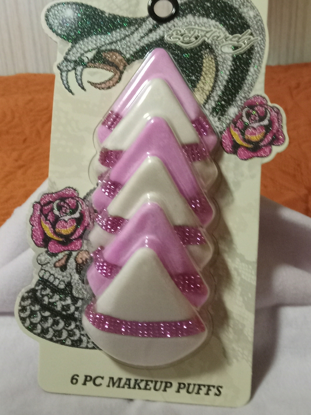 Ed Hardy Pink and White Triangular Makeup Puffs - 6 Pack